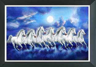 FRIZZY ARTS Seven running white horse painting | Seven white horse photo frame | Seven horse vastu painting | seven horse vastu photo frame Digital Reprint 14 inch x 20 inch Painting