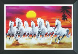 FRIZZY ARTS Seven horse luky photo frame | UV Textured 7 Running Horses Vastu Framed Painting Digital Reprint 14 inch x 20 inch Painting