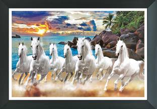 FRIZZY ARTS Seven white horse | Seven horse lucky paintings | Lucky painting | Vastu photo frame | Vastu paintings | Seven horse vastu photo frame | Seven horse | Sun Set | Digital Reprint 14 inch x 20 inch Painting