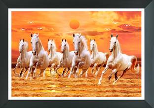 FRIZZY ARTS Seven white horse photo frame orange scenery| Seven horse vastu painting | seven horse vastu photo frame Digital Reprint 14 inch x 20 inch Painting