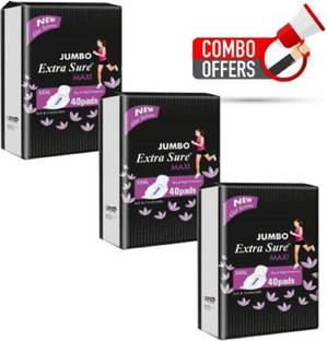 Jumbo Extra Sure Sanitary Pads for Women with Wings | Dry-net Soft & Comfortable Sanitary Napkins for Day & Night Protection - XXXL (combo pack of 3) (120 Pcs) Sanitary Pad