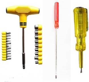 Gadariya King 24 pcs interchangeable socket set and long 2 in 1 6 inch screwdriver and Line man tester pack of 3 Hand Tool Kit (3 Tools) Combination Screwdriver Set