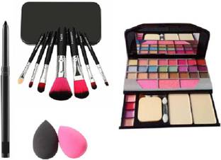 Dhaniji Waterproof Kajal,2 Washable Makeup Sponge Beauty Blender Puff wit Set of 7 BLACK Makeup Brushes include storage box& All in One Best Makeup kit 6155 (Eyeshadow,Blusher,Compact,Lip Gloss
