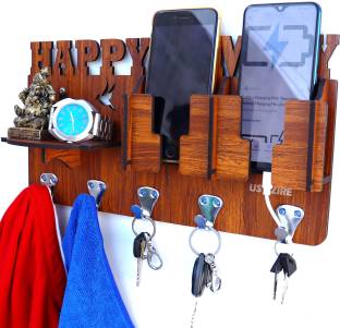 US DZIRE Craft 824 KHN Happy Family Mobile Charging Holder with Shelf, Key Holder For Home Wooden Wall Shelf