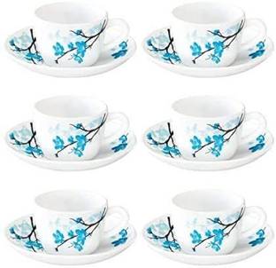BOROSIL Pack of 12 Opalware Mimosa (LH) Cup and Saucer Set, 140ml, 12-Pieces, White and Blue