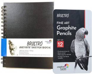 BRuSTRO Wiro Bound Sketch Book, A5 Size, 120 Pages, 160 GSM with artist pencils set of 12