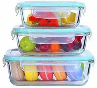 NMS TRADERS Glass Food Storage Container with Airtight Lid , Glass Rectangular 3 Containers Lunch Box