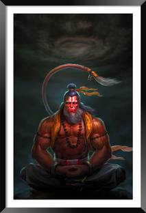 DBrush Lord Hanuman Ji Meditation Artwork Framed Laminated Coated Blessing Bajarangbali Digital Reprint 12 inch x 18 inch Painting
