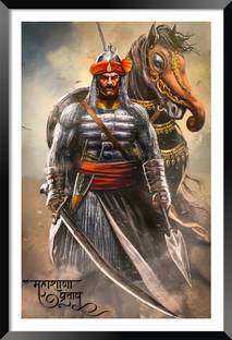 DBrush Maharana Pratap with horse Photo Framed Laminated UV Coated Rana Pratap Painting Digital Reprint 18 inch x 12 inch Painting