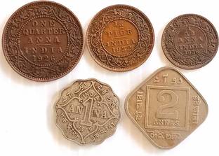 MANMAI COINS 5 DIFFERENT COINS SET - BRITISH INDIA - KING GEORGE V - 2,1,1/4 & 1/12 ANNA & 1/2 PICE Medieval Coin Collection