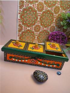Arrakasta Crafts 3 Partition Handmade Mdf Kundan Rajwada Colourful Designer Traditional Dry Fruit Box For Dining Table Top Decor Multi Function Snacks Serving Box Gift Box Paper Mache Decorative Platter