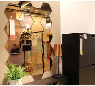 वॉल1डीईआरएस Medium 20 Hexagon Golden (Each Piece Size 10.5 cm x 12.1 cm) thickness 1.5 mm premium quality, 3D Acrylic Mirror wall stickers, 3d acrylic sticker, 3d mirror sticker for home & offices. (Pack of 20)