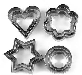 Uniqon Stainless Steel 12 Pcs With 4 Different Shape 3 Sizes Heart Flower Round Circle Star Pastry Cake Muffin Jelly Fruit Biscuit Decorating Mould/Molds Dough Cookie Fondant Backing Shaper Cutting Cutter Tool Set Cookie Cutter