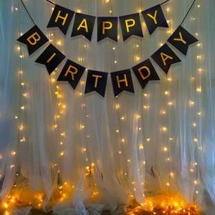 Party Propz Happy Birthday Decoration Kit -2Pcs Black Banner with Led Light Birthday Decorations Items for Bday Lights Combo Pack Set, Husband,Wife, First, 2nd,30th,40th,50th Theme