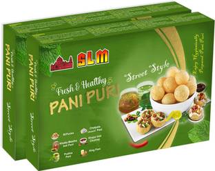 SLM Spices Pani Puri Golgappe Puchka kit ( Pack of 2 ) with 50Pcs Puris and 4 Different Flavours Pudhina Pani, Hing Pani, Lasooni Pani, Khatha Meetha Imli Pani and khajur Imli Chutney 250g Each Combo Fryums (Pack of 2)