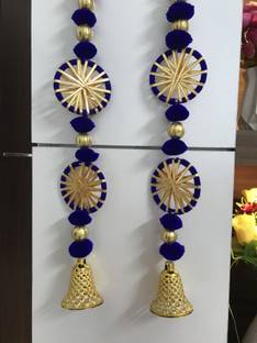 Anicca Collections Handmade Wall Door 3.5 ft.Strings Blue Hanging Pom Pom Chakri Torans Garland Bandhwar with Golden Bells - Decoration Item for Home Décor Diwali Festival, Navratri, Wedding (Blue 3.5 FT 2 Strings) Toran