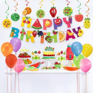 Festiko Tutti Frutti Party Decorations Set for Kids,Happy Birthday Banner,Hanging Swirls,Cupcake Toppers for Birthday Baby Shower Fruit Theme Decoration