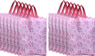 KUBER INDUSTRIES Reusable Grocery Shopping Bag With Handle, Gift Bag, Goodies Bag Promotional Bag for Birthday Party Wedding Pack of 12- Flower(Pink) Pack of 12 Grocery Bags