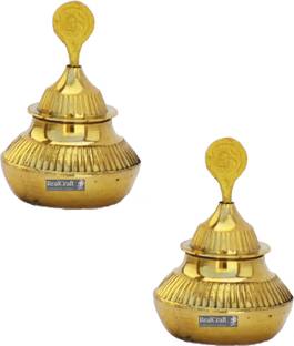 Real Craft Brass Handmade Kumkum/Sindoor Box with Stick (Gold_2 Inch X 2Inch X 3 Inch) Kum kum Pot, Sindoor Pot, Dabbi, Bharni,Pack of 2,Combo Decorative Showpiece  -  7.5 cm