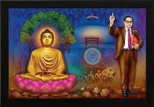 Masstone Lord Buddha and Ambedkar Religious UV Coated Matt textured Framed Digital Reprint 14 inch x 20 inch Painting
