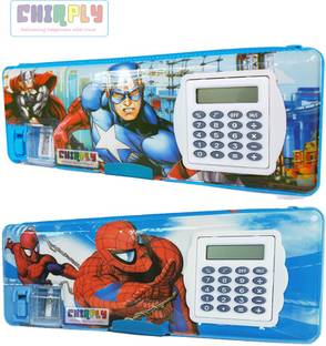CHIRPLY Magnetic Superhero Box with Reversible CALCULATOR, 2-Sided Cartoon Printed Case for School, Combo Birthday Gift for Kids Art Plastic Pencil Boxes
