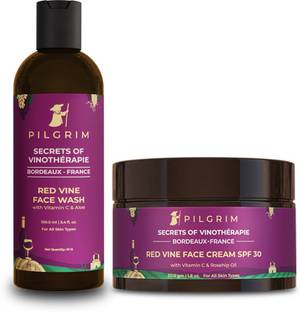 Pilgrim Vino Basic Face Care Combo | Deep Cleansing, Moisturising | Reduces Pigmnetation | Red Vine Extract Face Wash 100ml, Day Cream SPF 30 50gm | All Skin type | Men & Women |