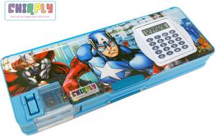 CHIRPLY Magnetic Superhero AVENGERS Pencil Box with Reversible CALCULATOR, 2-Sided Cartoon Printed Case for School, Birthday Gift for Kids Art Plastic Pencil Box