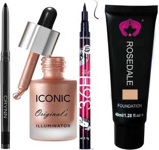 Crynn Smudge Proof Waterproof Rosedale Kajal & Studio Professional Iconic Original's Illuminator Highlighter & Yanqina 36H Deep Black Precision Eyeliner & Premium Studio Fit Focus Foundtaion