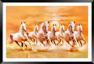 DBrush 7 Running White Horses Photo Framed with Glass Vastu Blessing Yellow Artwork Digital Reprint 12 inch x 18 inch Painting