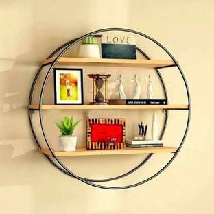 क्लासिकऑनलाइन Style Living Room Wall Hanging, Iron Shelf, Solid Wood Shelves Partition Wall Round Floating Display Stand Bookcase Flower Stand Iron Engineered Wood डिस्प्ले यूनिट