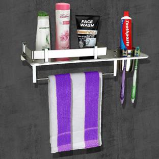 Wilbert Stainless Steel 3 in 1 Bathroom Shelf, Towel Hanger,Toothbrush Holder Stainless Steel Wall Shelf