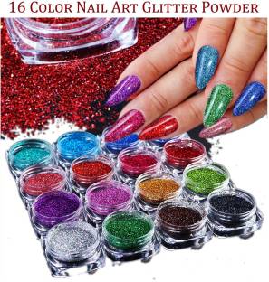 VOZWA Colorful Designer Sparkle Nail Art Glitter Powder - Pack of 16