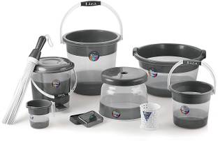 Liza Plastic Deluxe Bathroom Set Bucket 21l Mug Stool (Set of 9, Grey, Rio) 21 L Plastic Bucket