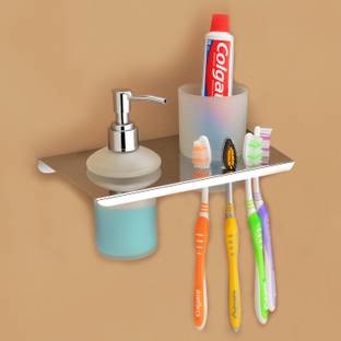SMART SLIDE Stainless Steel 3 in 1 Bathroom Shelf / Tumbler Holder / Toothbrush Holder / Liquid Dispenser / Soap Dispenser With Toothpaste Holder / Bathroom Accessories / Bathroom Organizer Stainless Steel Wall Shelf