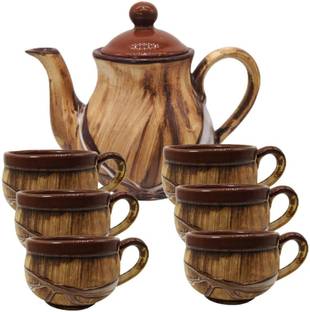 caffeine Pack of 7 Stoneware Handmade Glossy Wood Brown Cup Set with Kettle