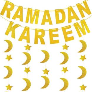 Festiko TM Festiko Ramadan Decorations for Home Ramadan Kareem Banner with Gold Glitter Moon Stars Garland for Eid Mubarak Decor Banner