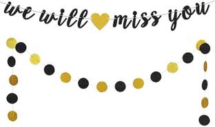 Festiko TM Festiko We Will Miss You Bunting Banner with Black & Gold Circle Dots Garland Set Perfect for Graduation Retirement Farewell Goodbye Party Decorations. Banner