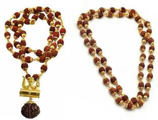 Moksh Spiritual Om Rudraksha mala With Shiv Trishul Damaru Locket Original Panchmukhi Rudraksh Gold plated Mala pack of 2 Beads Gold-plated Plated Alloy Necklace Set