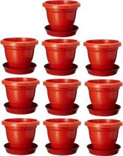 Ramanuj Pack of 10 With Tray Heavy Duty Unbreakable Plastic Future Green High Quality 8 inches Gardening Flower Pots Size-8 Inch | Round Garden Plastic Planters Plant Container Set Gamla Pot for Garden and Balcony Flowering (Pack of 10, Teracotta) Brown Plant Container Set For Indoor/ Outdoor Round Pots Plant Container Set Plant Container Set