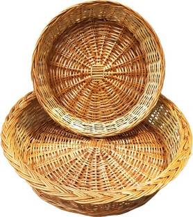 KRISHNA HANDMADE ROUND SHAPE BAMBOO BASKET, FRUIT BASKET , FLOWER BASKET , DECORATION BASKET , GIFT BASKET, USE FOR DINNING TABLE SERVING FOOD , ( 10" & 15" ) ( COMBO PACK OF 2 PCS ) Bamboo Fruit & Vegetable Basket