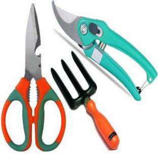 Green India 3 pcs Gardening Tools Combo of Scissor, Hand Fork and Garden Scissors (3 Tools) Garden Tool Kit