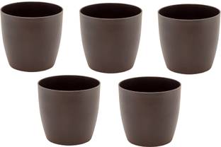 Garbnoire Gardening Flower Pots - 5 Inch Plastic Flower Pots | Modern Decorative Indoor Outdoor Planters/Pots - Pack of (5, Coffee) Plant Container Set