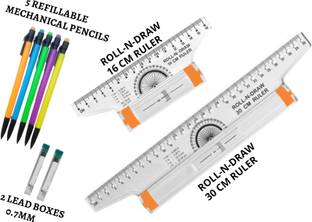Upyukat Roll N Draw Scale Set-1 PC Plastic Roll N Draw Ruler (16cm) and 1 PC Plastic Roll N Draw Ruler (30 cm) Scale/ Ruler Very Useful to Architect, Engineering Students, Other students, Office Employee (Set of 2) + 5 pcs of Refillable Mechanical Pencils of 0.7mm along with 2 Lead boxes Ruler