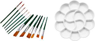 KHYATI Flower Big (10 Colour compartments , 4 Water storing compartments) Colour Mixing Palette / Plate with 12 Round and Flat Artist Paint Brushes