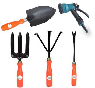 FADMAN Garden Hand Tools Set of 5 PCS (Weeder, Hand Rake, Big Trowel, Garden Fork, 7 Pattern Spray) Garden Tool Kit