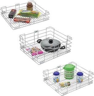 SMART SLIDE Utensil Kitchen Rack Steel 16 x 20 Inch Pack of 3 Stainless Steel Modular Kitchen Basket / Kitchen Drawer / Wire Kitchen Basket / Kitchen Trolley / Utensils Storage Rack Organizer / Kitchen Stand