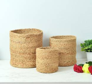 LaVichitra Jute Braided Jute Baskets | Storage Bins Organizer | Laundry, Toys & Planter Basket- Set of 3 (6,8,10 Inch) Storage Basket
