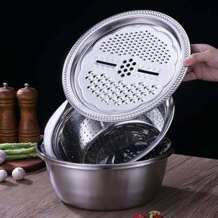 Someshwar fashion 3 in 1 Kitchen Multipurpose Kitchen Stainless Steel Bowl, Drain Basket, Julienne Graters for Vegetable Cutter,Vegetable/Fruit Grater Kitchen Mesh Strainers(Set of 1 Strainer
