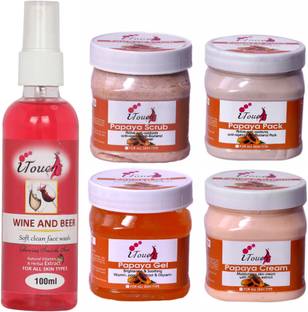 I TOUCH Papaya Scrub , Cream , Pack , Gel 500 Ml X 4 + Wine And Beer Face Wash 100 Ml ( Pack Of 5)