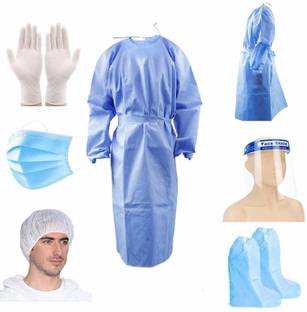 sky enterprise shop Sky- 80GSM Disposable Gown with Hand Gloves, Face Shield, 3 PLY Face Mask, Shoe Cover and Head Cover – Protection with Comfort Use for Travelling and Medical Safety Jacket